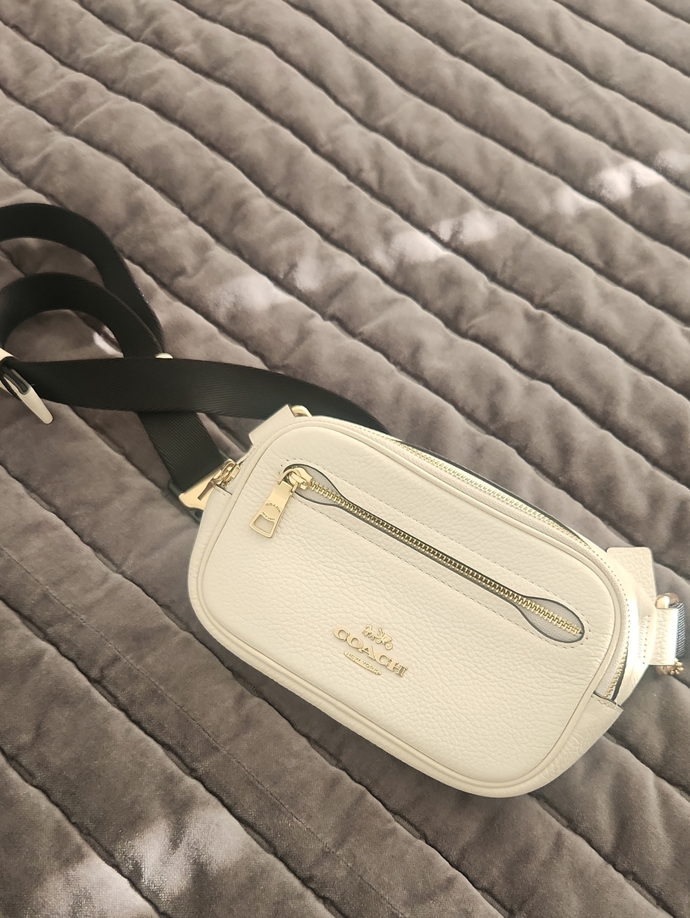 Coach White Pebbled Leather Crossbody Belt Bag with Black Strap